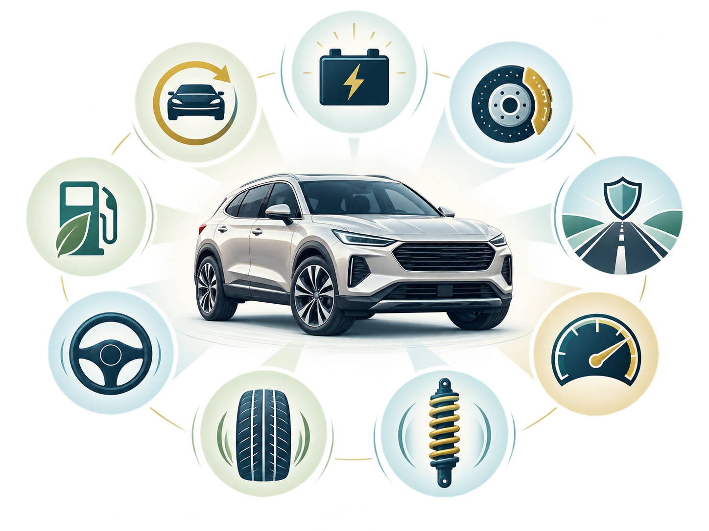 Vehicle surrounded by nine icons representing the Essentials of Driving Confidence