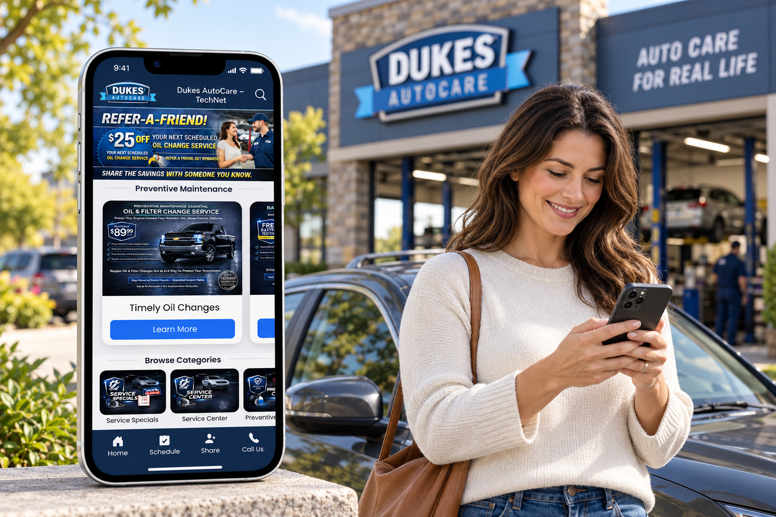 Driver using a participating shop's mobile vehicle care experience beside her car