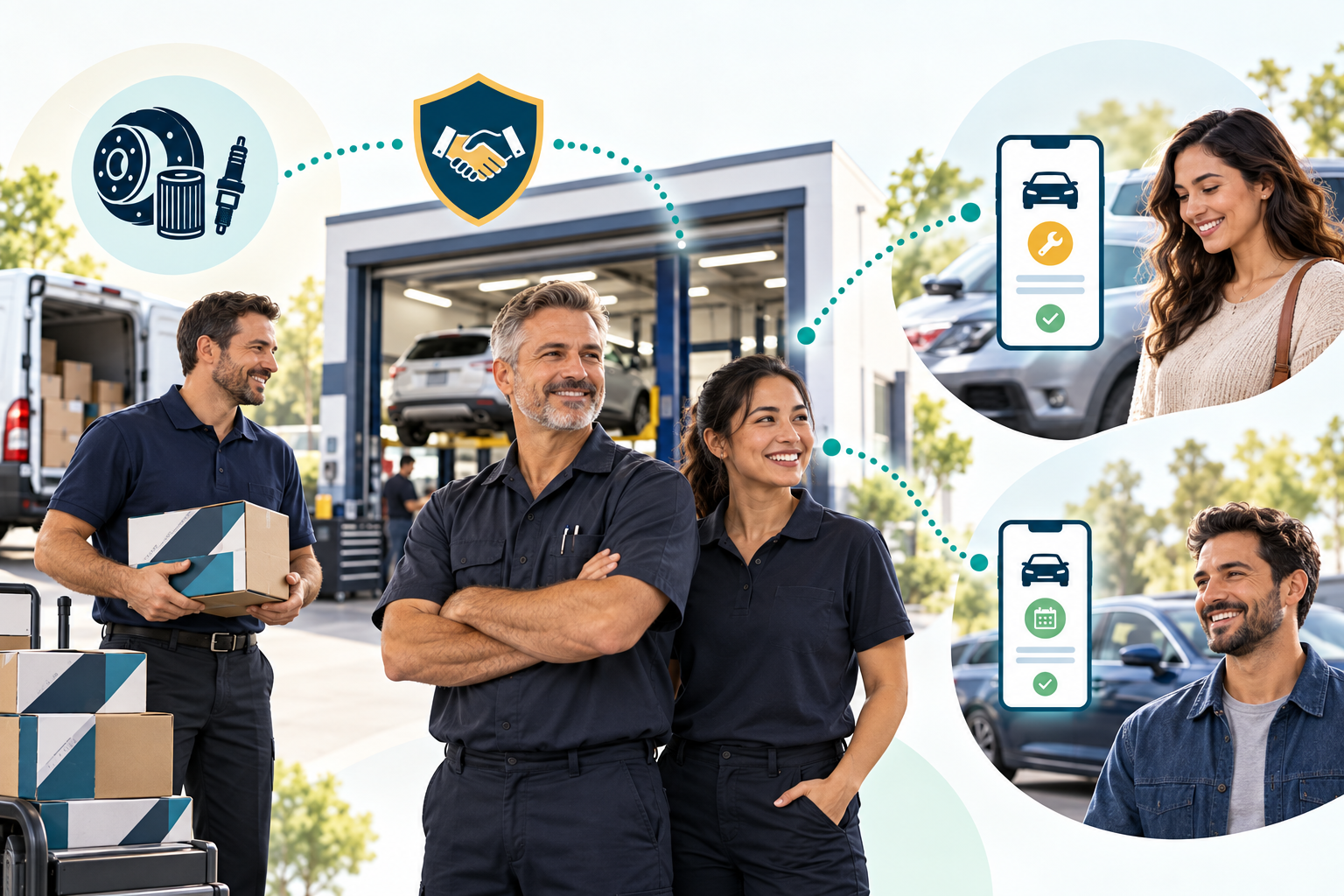 Parts distributor supports a repair shop that connects with vehicle owners through mobile service updates