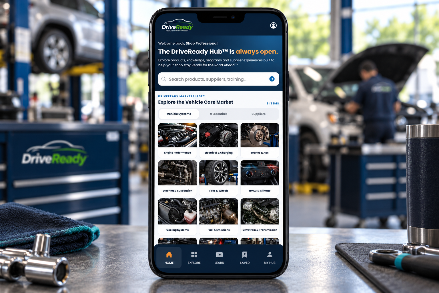 DriveReady Hub mobile interface with search and vehicle-system resource cards