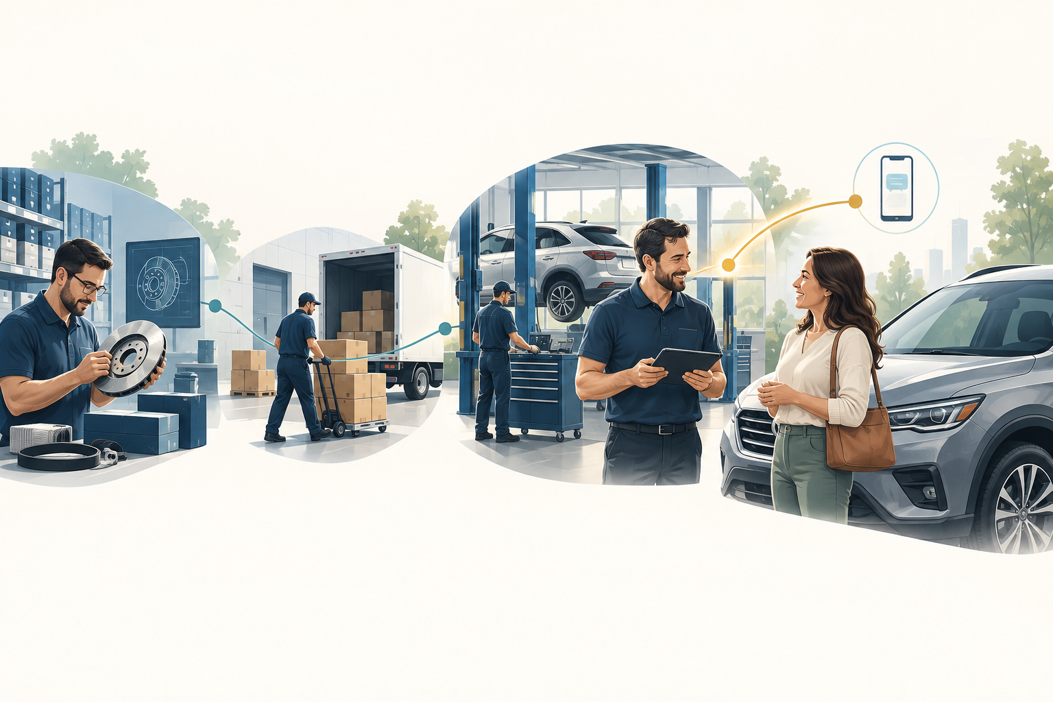 Illustration connecting automotive supplier, parts distributor, repair shop, and driver, with the shop-to-driver relationship emphasized