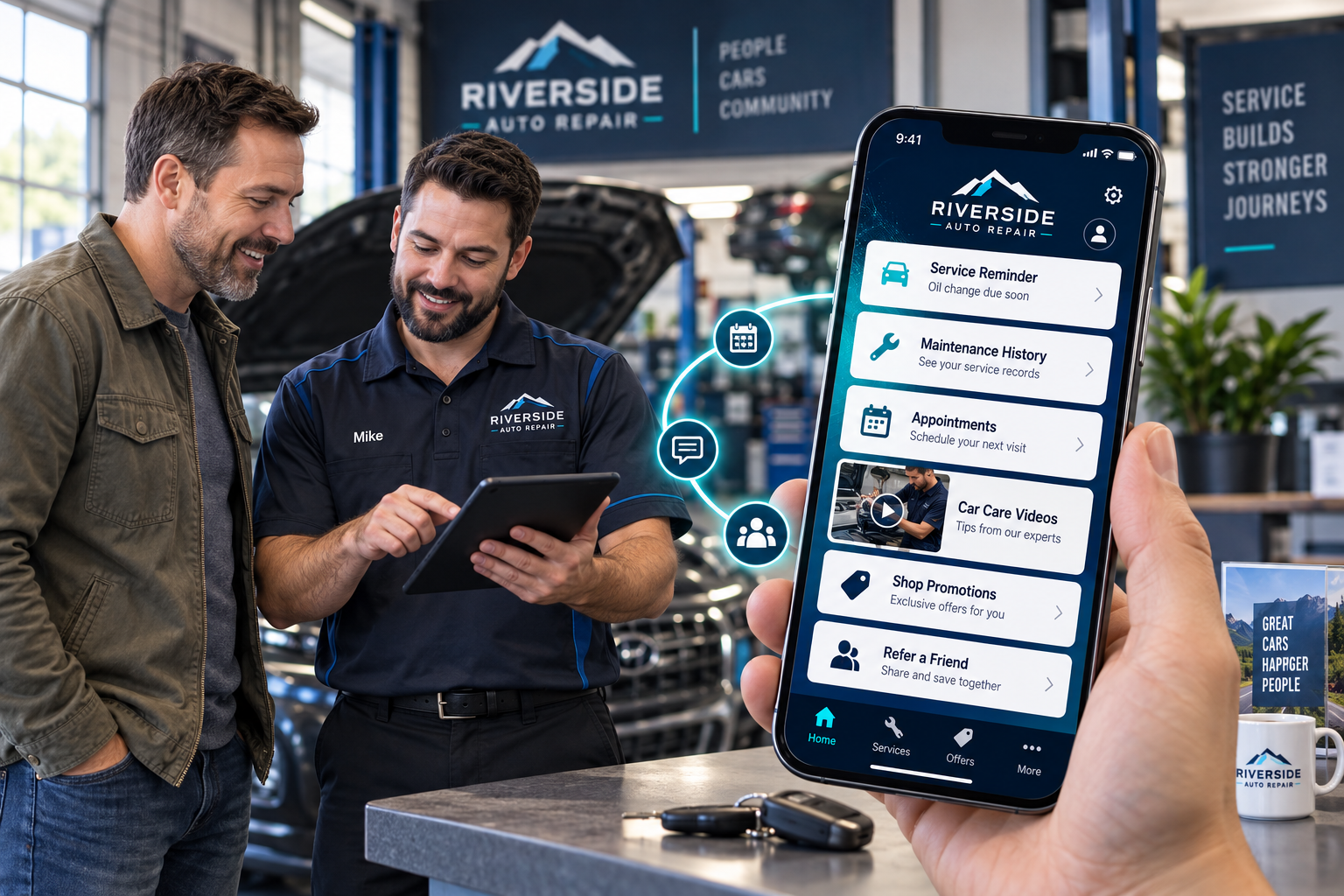 Service advisor and customer beside a branded mobile shop showcase with reminders, maintenance history, appointments, education, promotions, and referrals