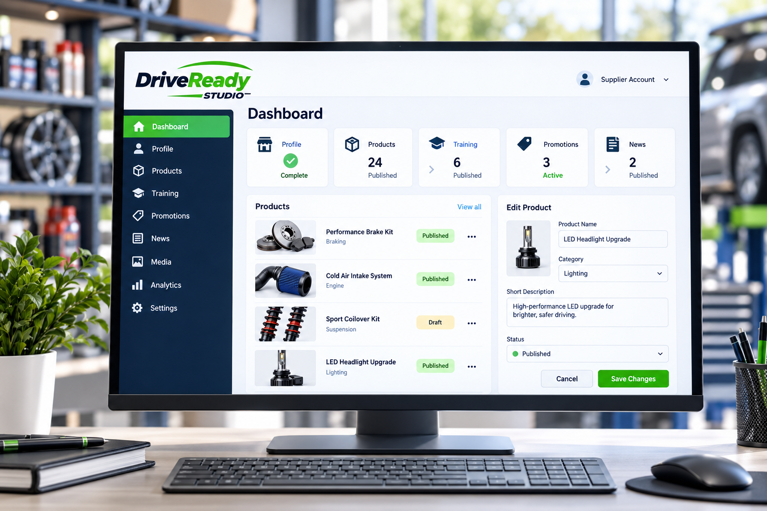 DriveReady Studio supplier dashboard for managing products, training, promotions, and news