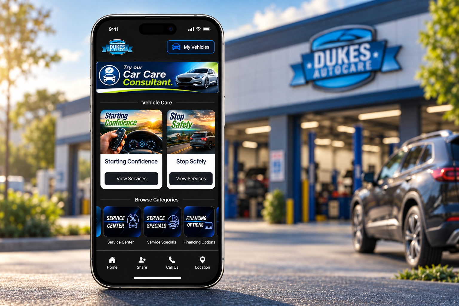 DriveReady Shop Showcase mobile experience shown on an iPhone outside a participating repair shop