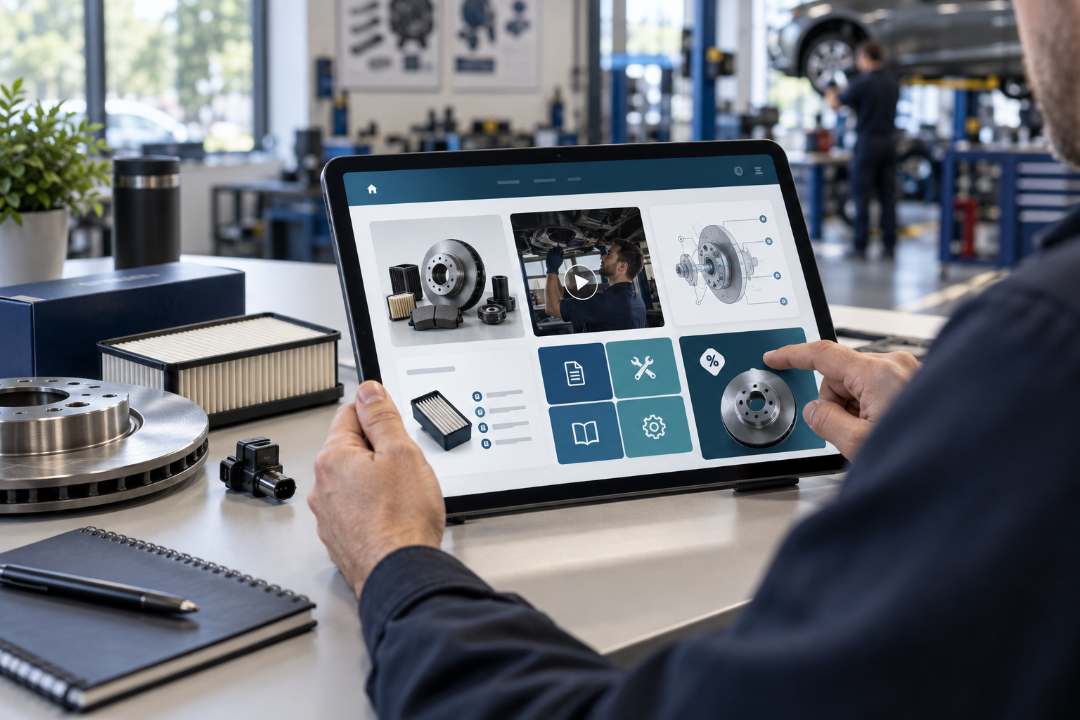 Supplier product, training, and technical resources displayed on a tablet with automotive parts