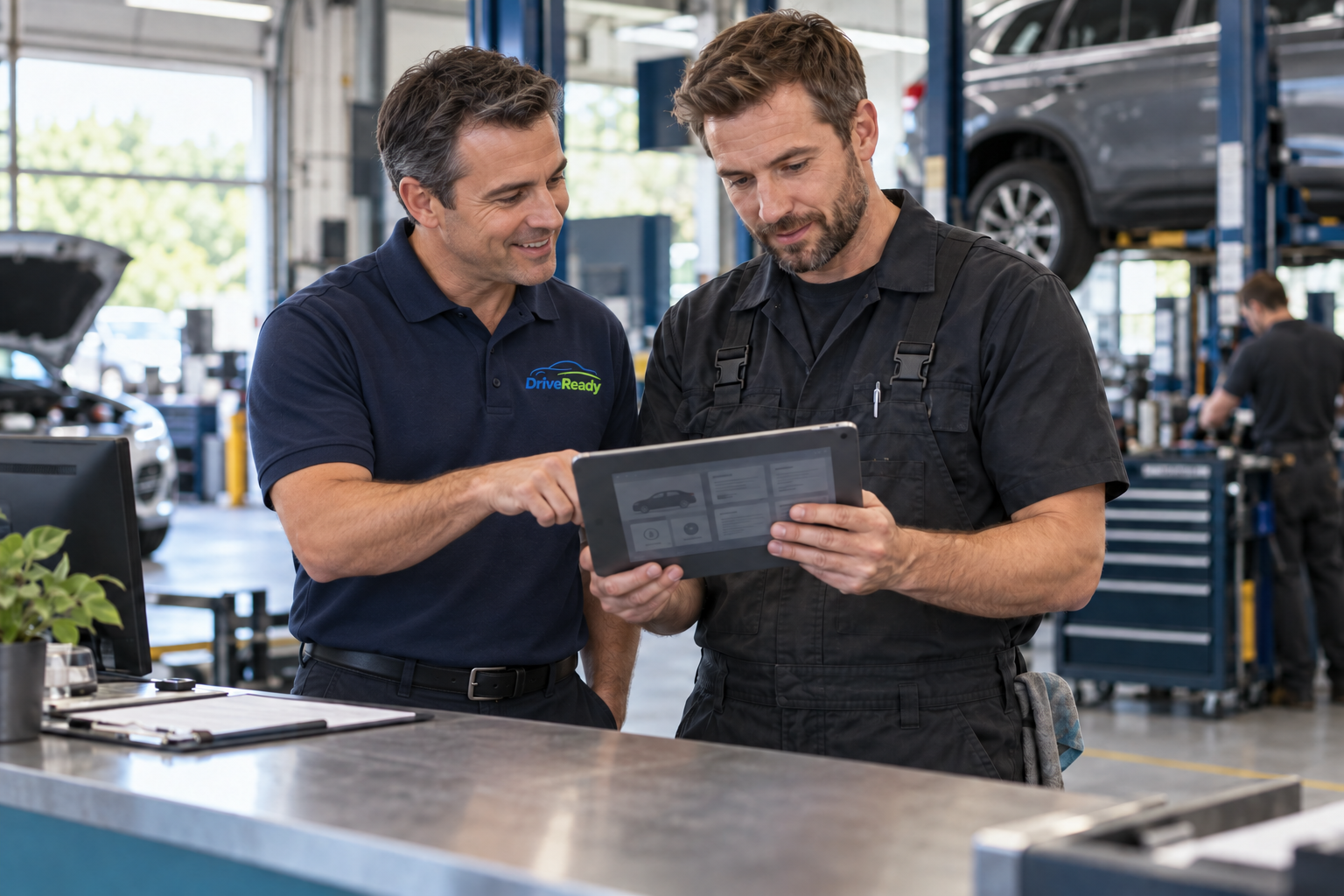 DriveReady service advisor and technician reviewing vehicle information together