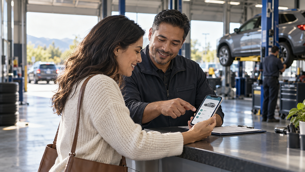 Service advisor helping a driver review vehicle care on a phone in a repair shop